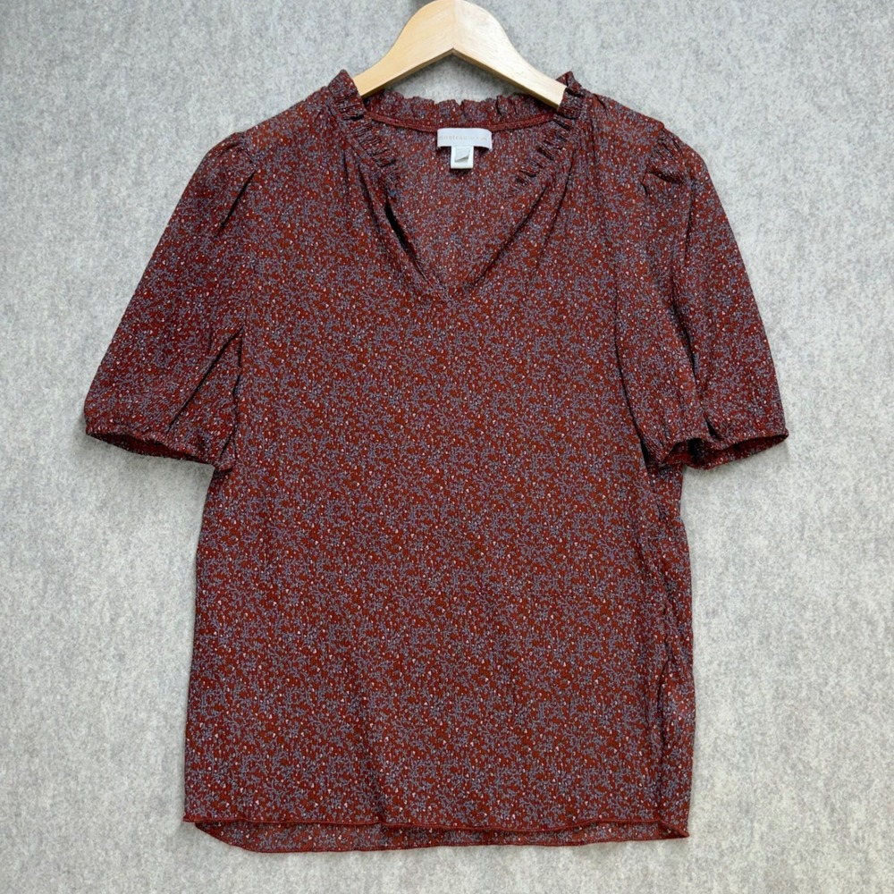 Monteau Womens L Rust Boho Cottagecore Floral Ruffle Neck Earthy Office Blouse